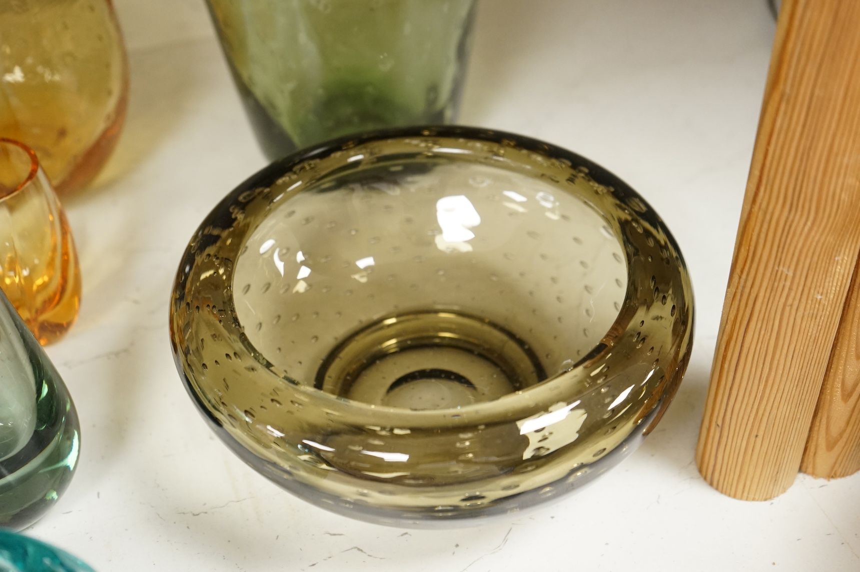 A collection of mixed coloured Whitefriars ‘Controlled Bubble’ and ‘Knobbly’ glassware, largest 37cm high (12)
